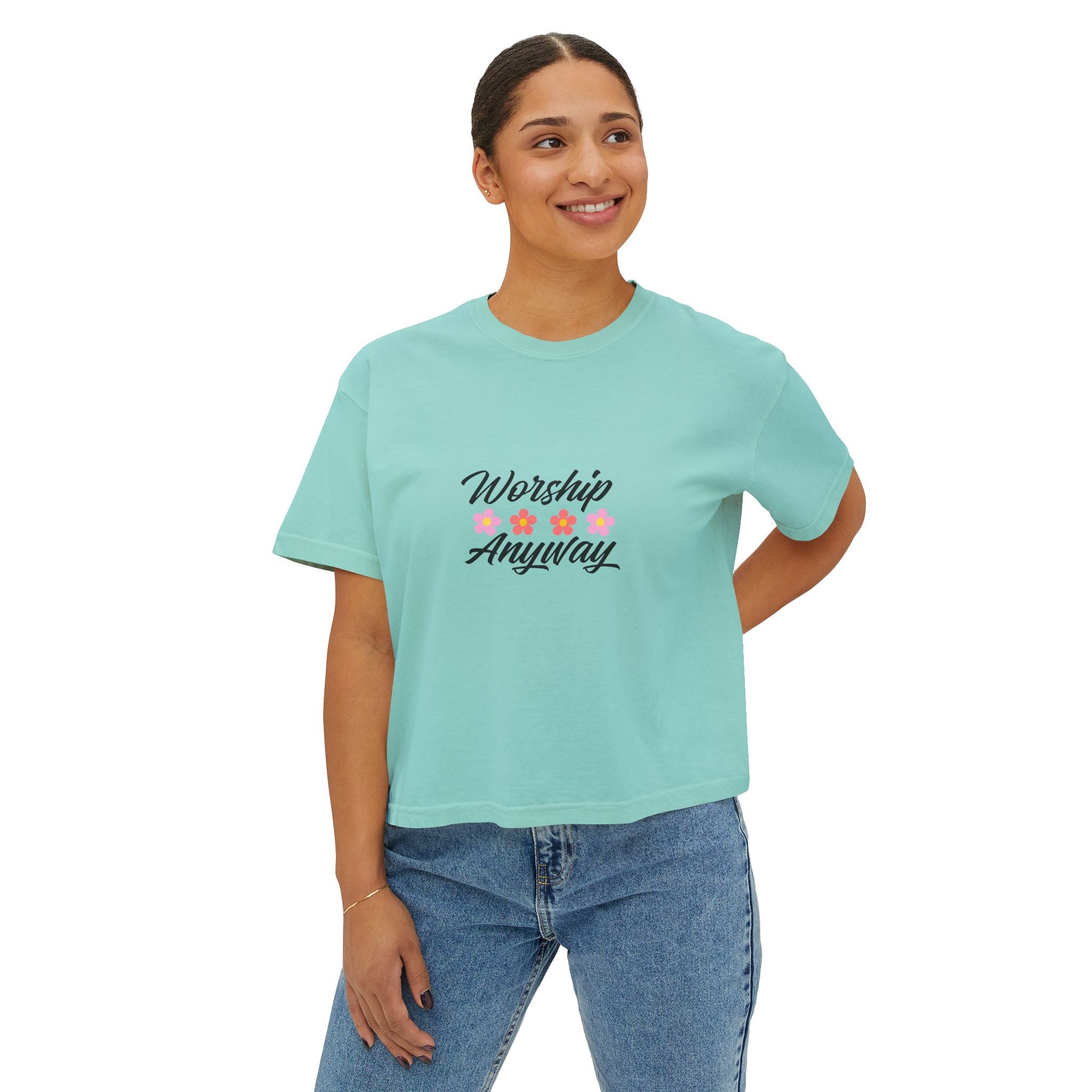 Worship Anyway Floral Women's Boxy Tee - Inspirational Christian Shirt