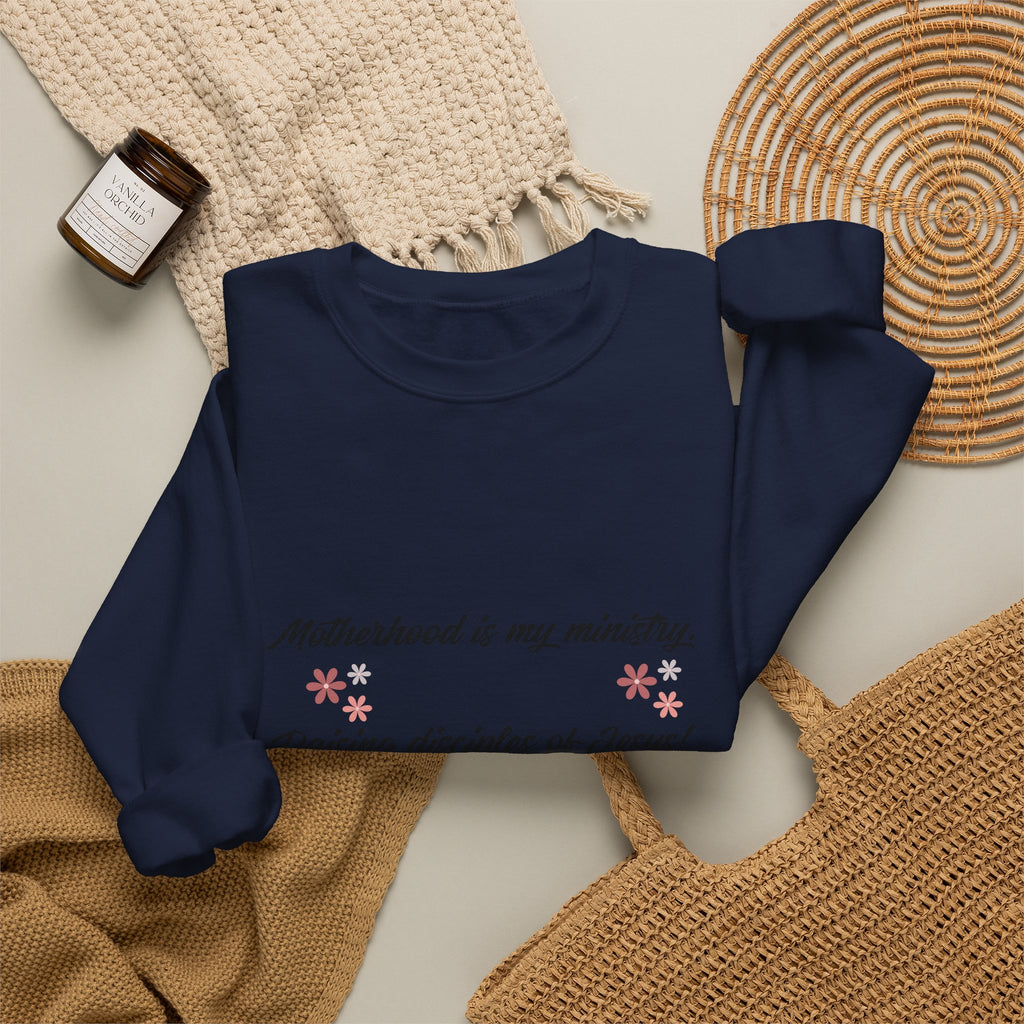 Christian Mom Crewneck Sweatshirt — “Motherhood is my ministry” Floral Scripture Sweatshirt (Proverbs 22:6)