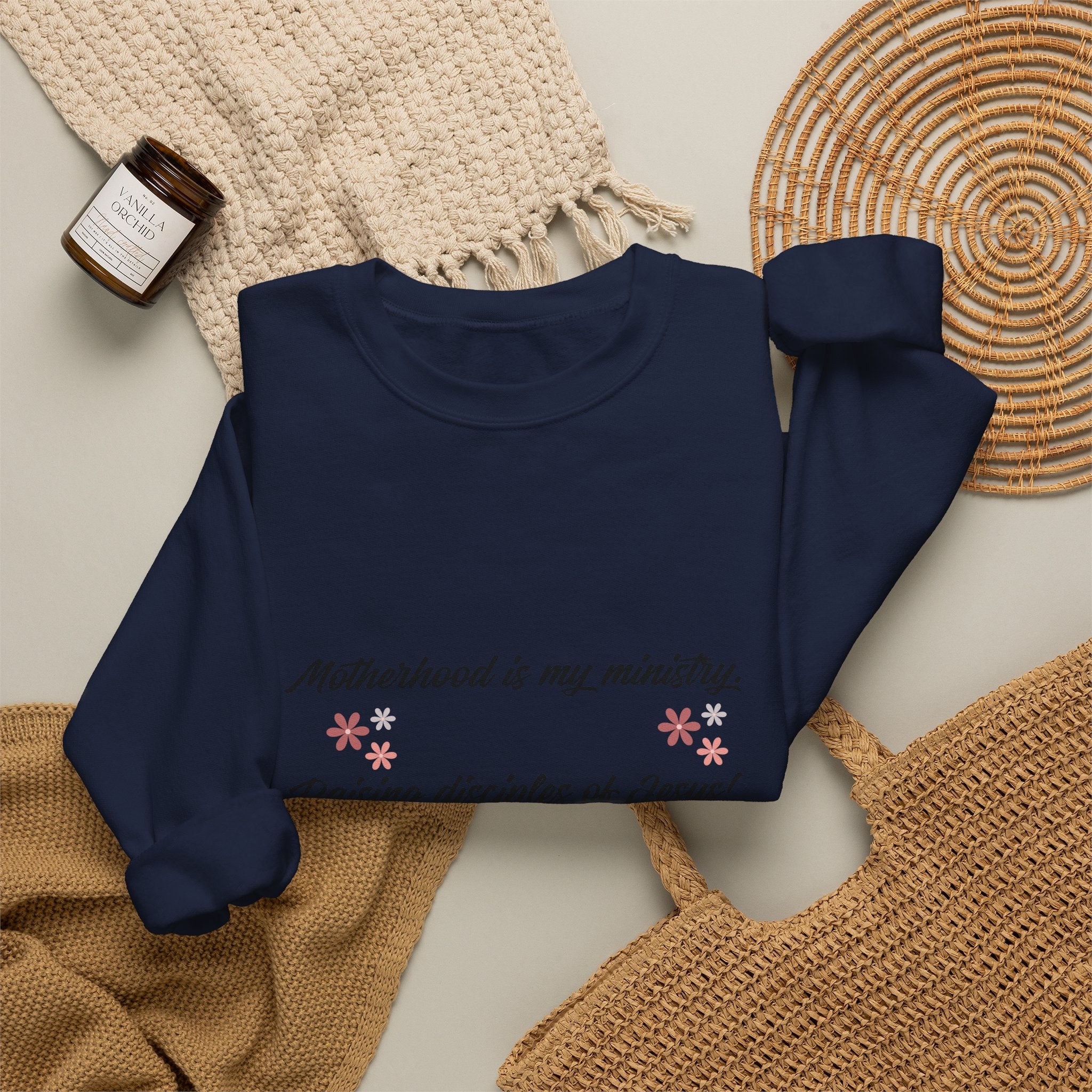 Christian Mom Crewneck Sweatshirt — “Motherhood is my ministry” Floral Scripture Sweatshirt (Proverbs 22:6)
