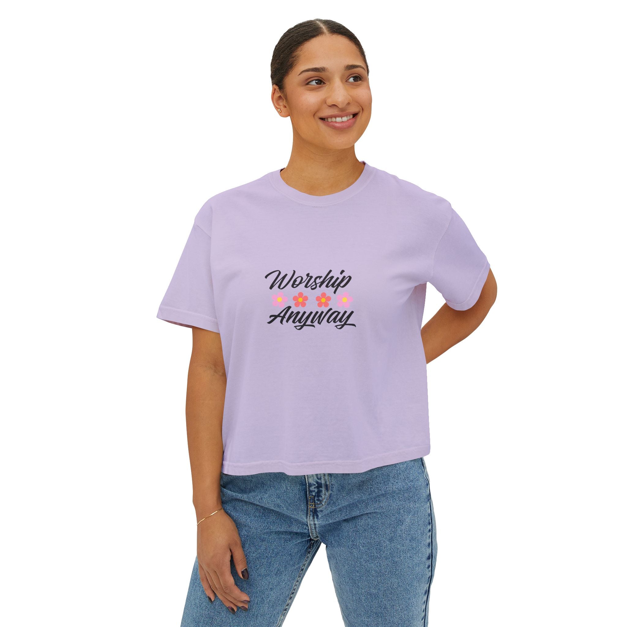 Worship Anyway Floral Women's Boxy Tee - Inspirational Christian Shirt