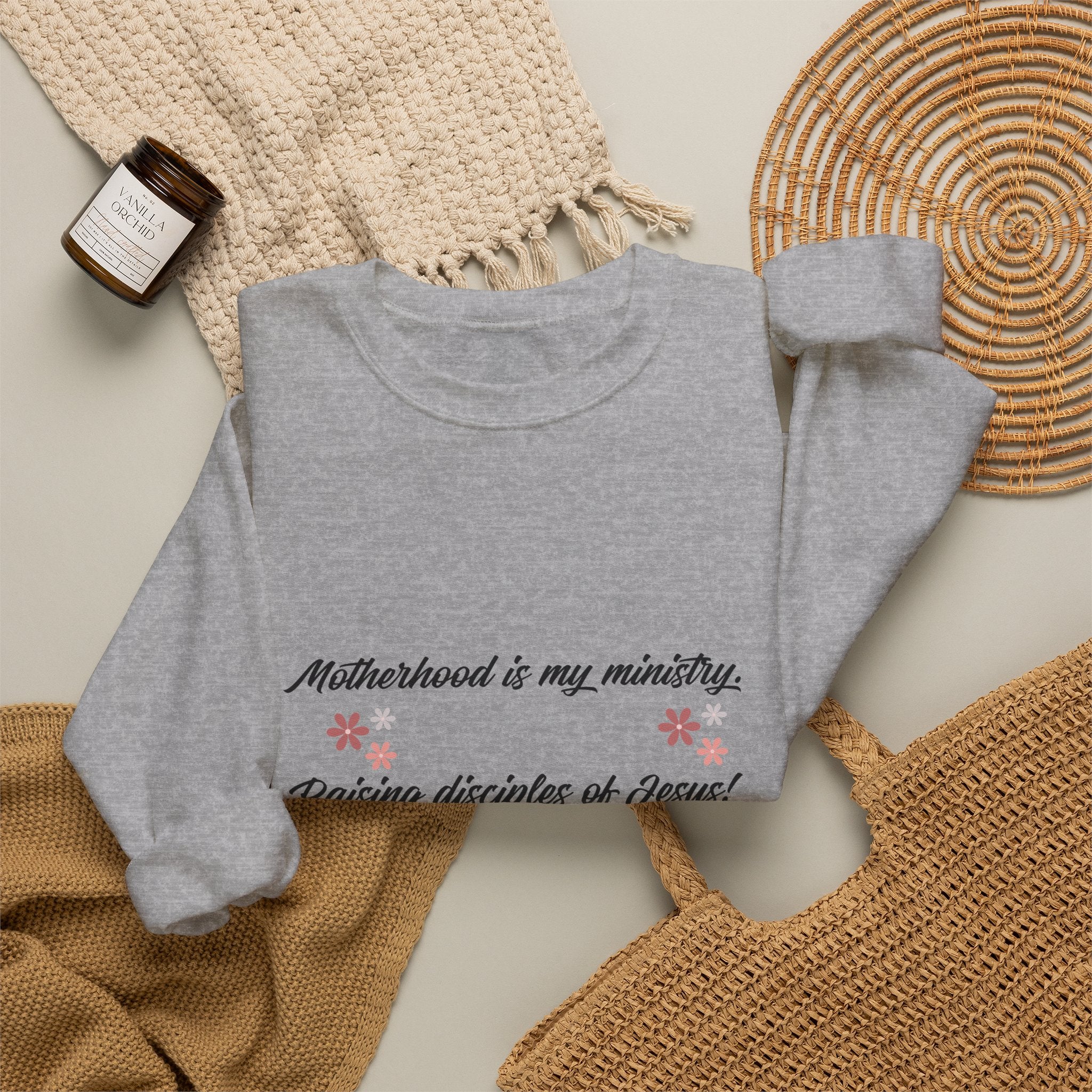 Christian Mom Crewneck Sweatshirt — “Motherhood is my ministry” Floral Scripture Sweatshirt (Proverbs 22:6)