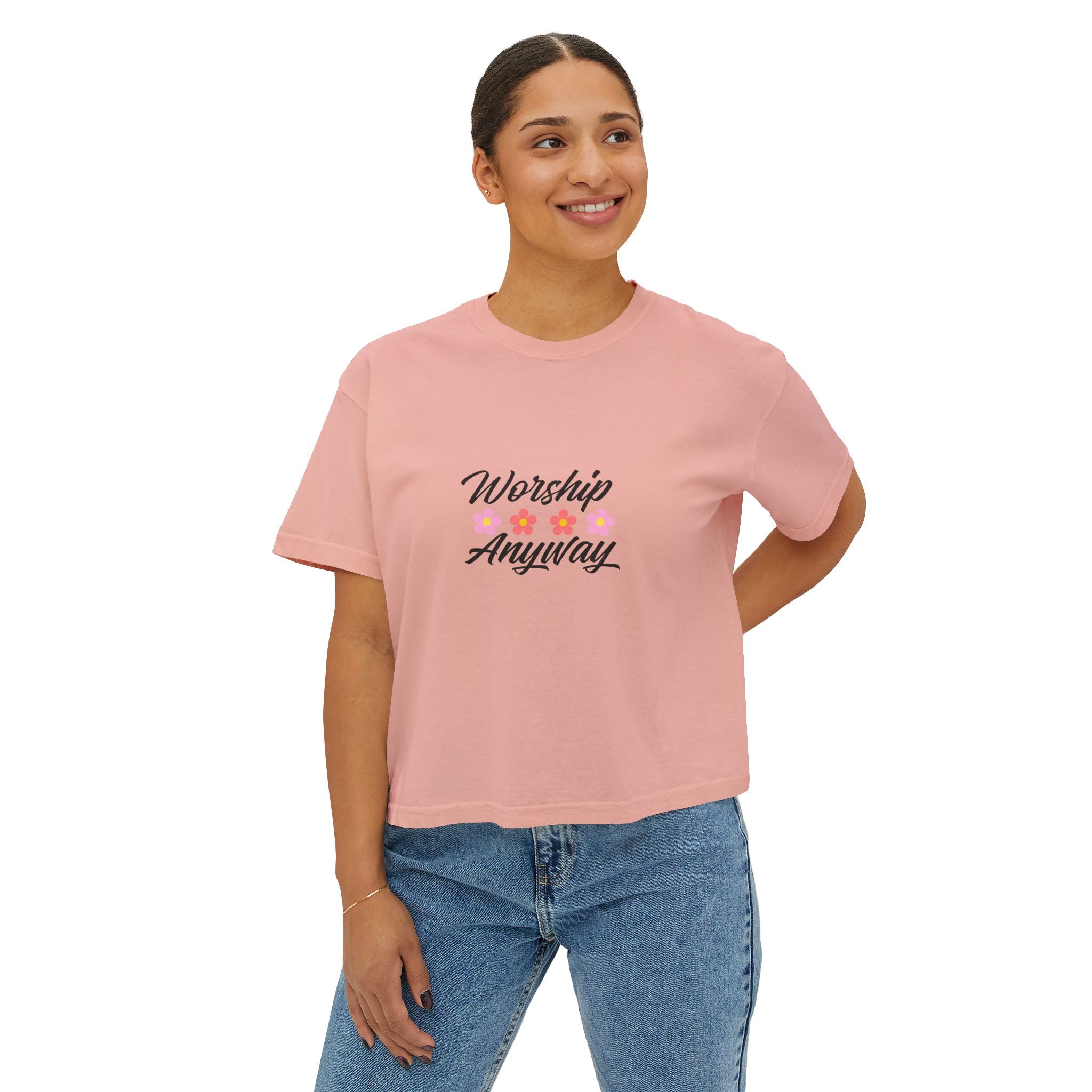 Worship Anyway Floral Women's Boxy Tee - Inspirational Christian Shirt