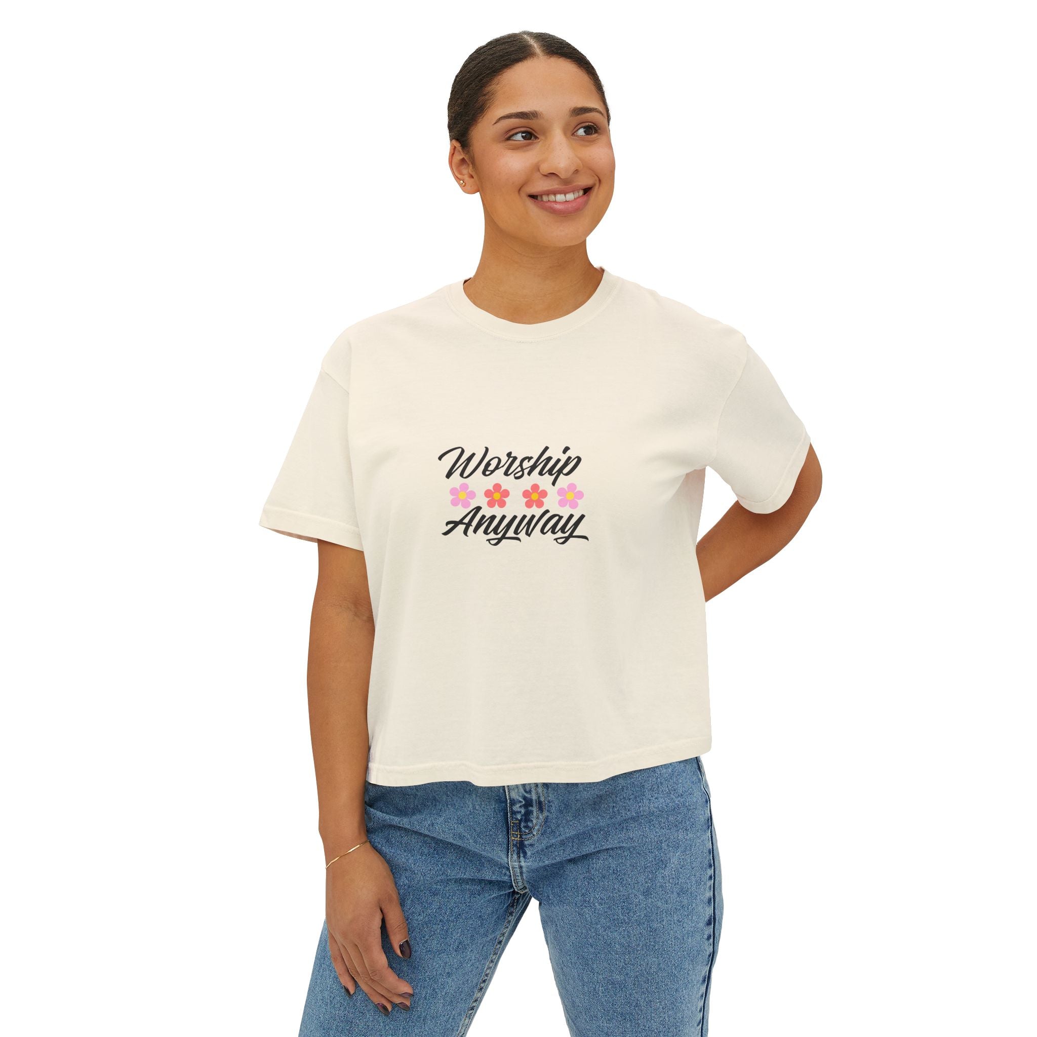 Worship Anyway Floral Women's Boxy Tee - Inspirational Christian Shirt