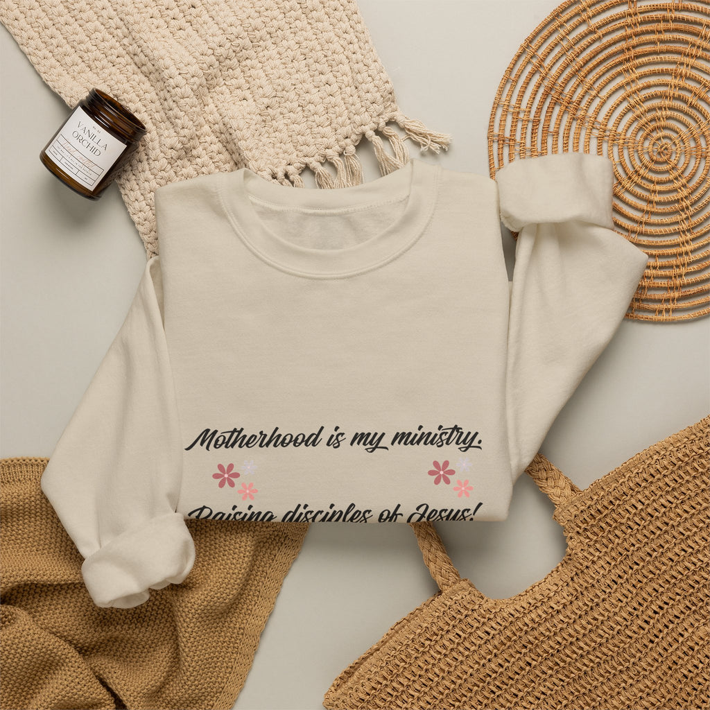 Christian Mom Crewneck Sweatshirt — “Motherhood is my ministry” Floral Scripture Sweatshirt (Proverbs 22:6)