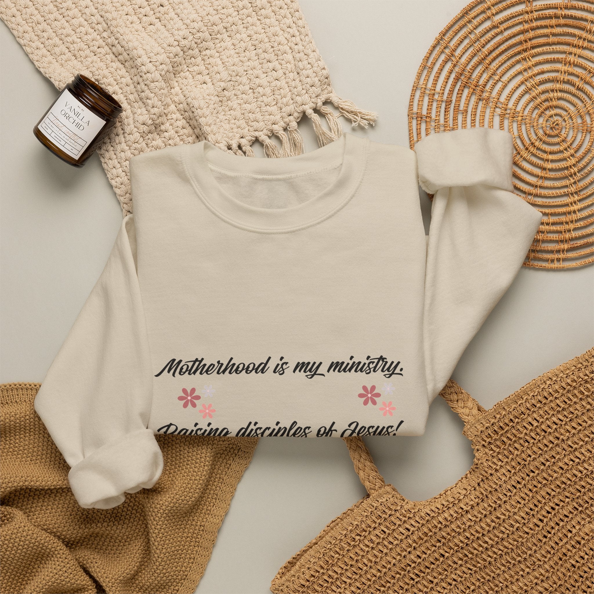 Christian Mom Crewneck Sweatshirt — “Motherhood is my ministry” Floral Scripture Sweatshirt (Proverbs 22:6)