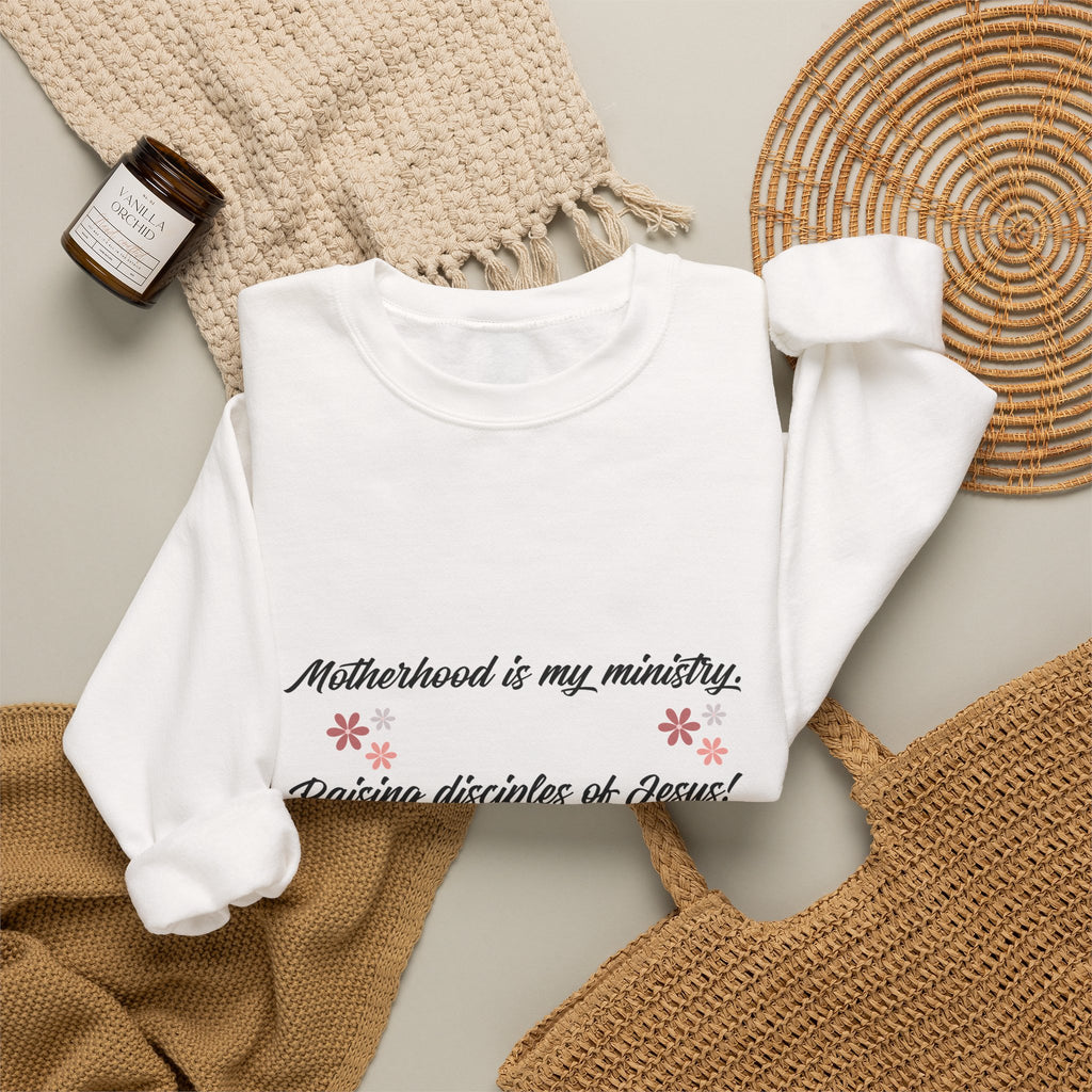 Christian Mom Crewneck Sweatshirt — “Motherhood is my ministry” Floral Scripture Sweatshirt (Proverbs 22:6)