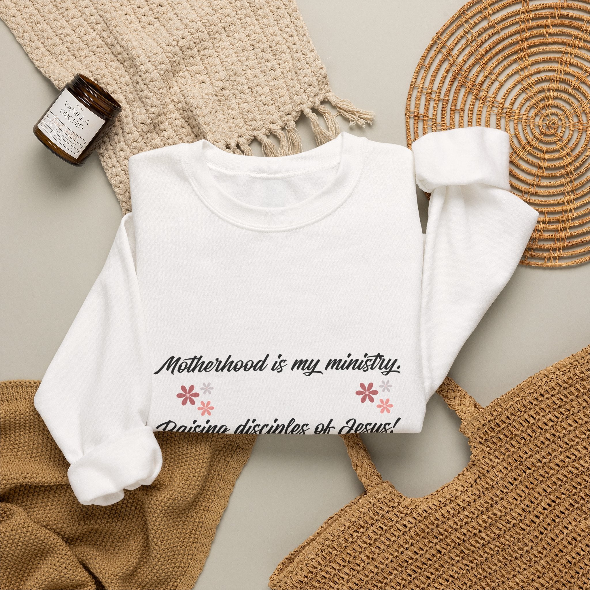 Christian Mom Crewneck Sweatshirt — “Motherhood is my ministry” Floral Scripture Sweatshirt (Proverbs 22:6)
